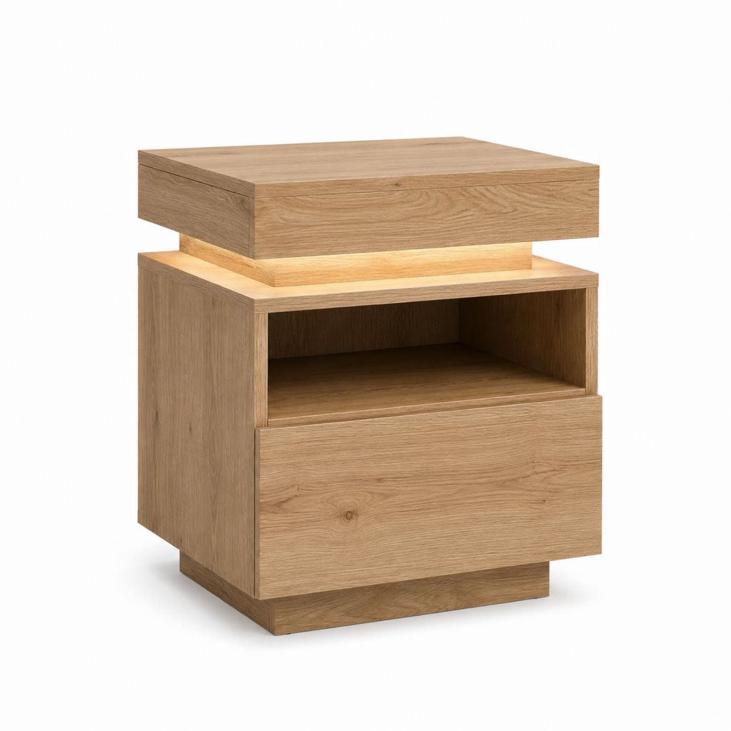 Nachttisch aus Spanplatte Eiche Natur rechteckig mit LED-Beleuchtung 45 x 40 x 55 cm
