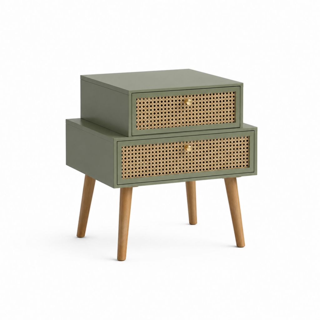 Nachttisch mit 2 Schubladen olivgrün MDF Rattan rechteckig 60 x 40 x 65 cm