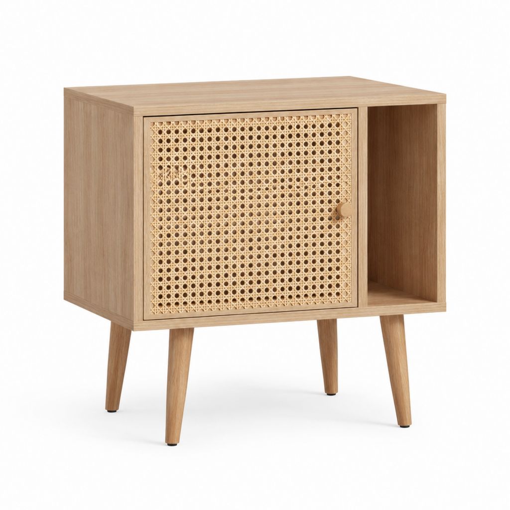Nachttisch mit Tür und offenem Fach Eiche Natur MDF Rattan rechteckig 40 x 40 x 60 cm