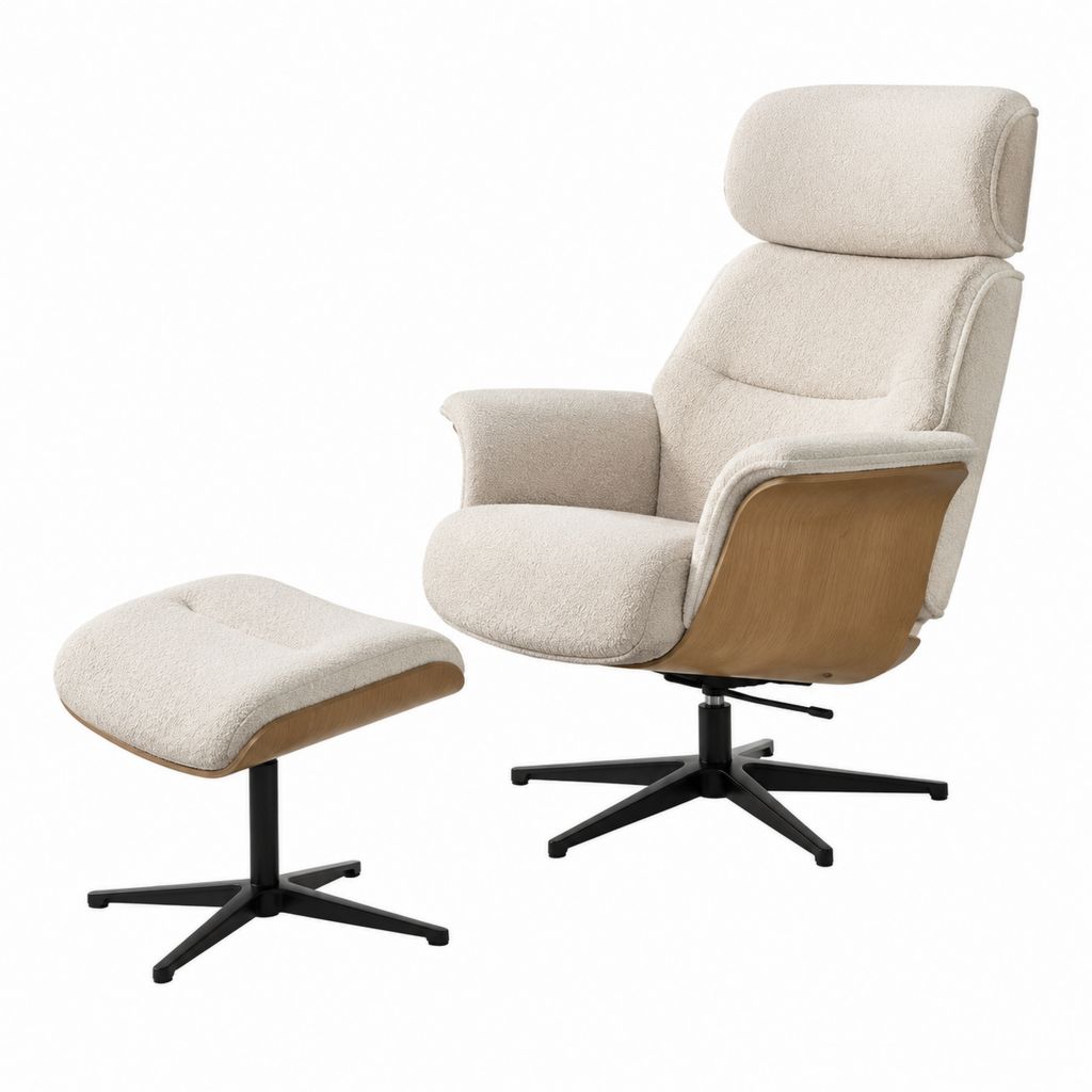 Drehsessel mit Hocker Creme Polyester Bouclé Sperrholz Stahlgestell 74 x 85 x 112 cm
