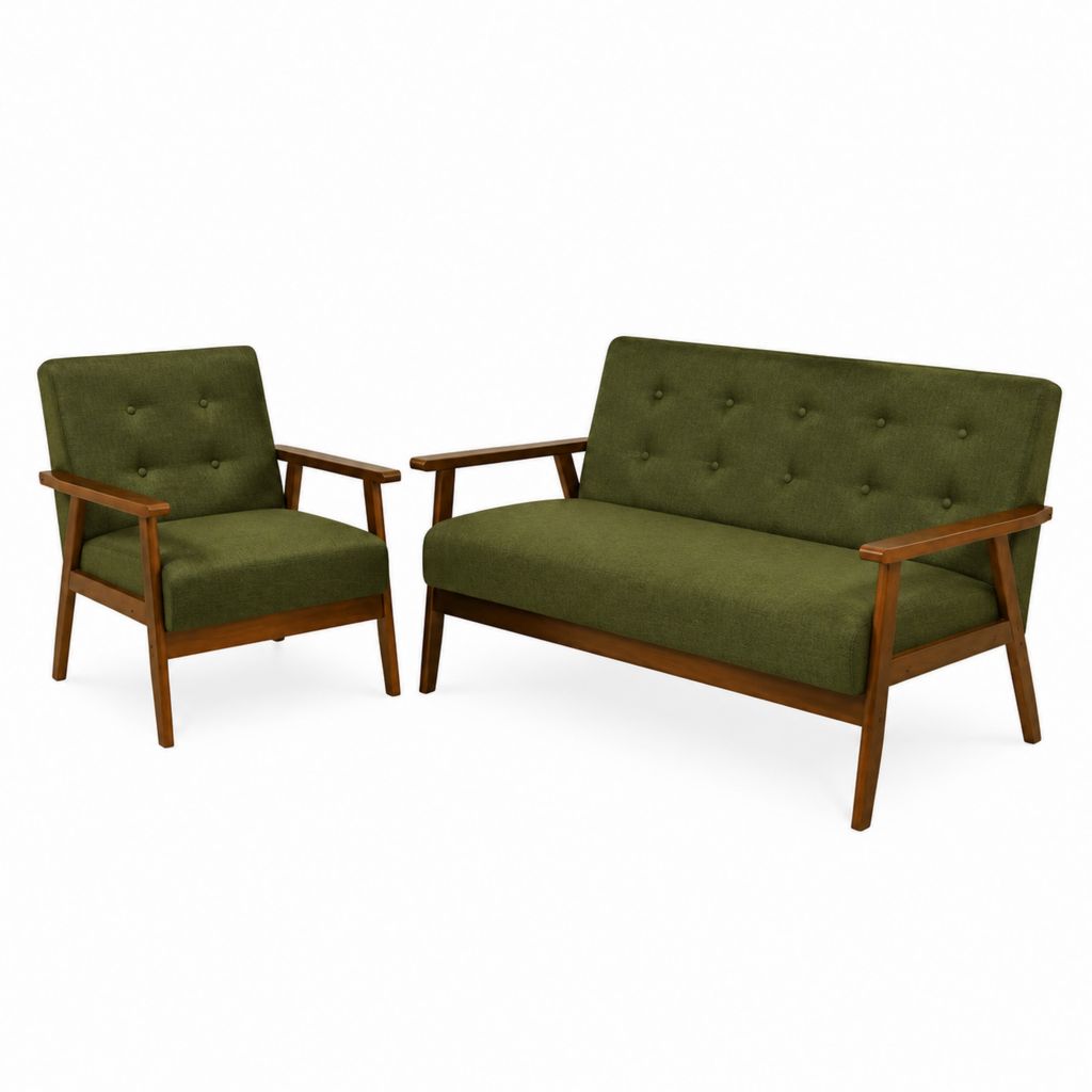 2-teiliges Sofa-Set Grün mit Polyesterbezug und Massivholzgestell 2-Sitzer 118 x 73 x 78 cm und Sessel 65 x 73 x 78 cm